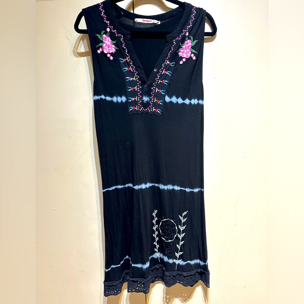 Desigual Sleeveless Black Embroidered Dress Sz XL